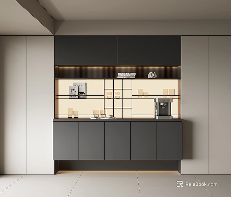 Modern Sideboard Design With Black Gray Cabinets LED Lighting And Open Storage Shelves 3d model 