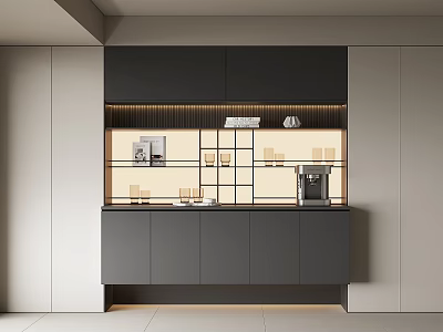 Modern Sideboard Design With Black Gray Cabinets LED Lighting And Open Storage Shelves 3d model