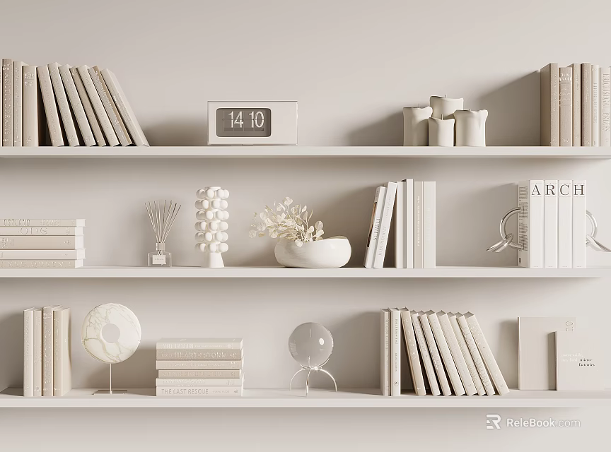 Decorative Ornament Set on White Shelves with Books Clock and Decorative Pieces 3d model 