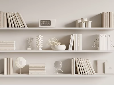 Decorative Ornament Set on White Shelves with Books Clock and Decorative Pieces 3d model