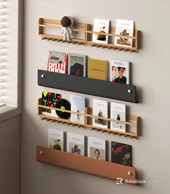 Modern Wall Mounted Bookshelf With Books Vinyl Records And 3d model 