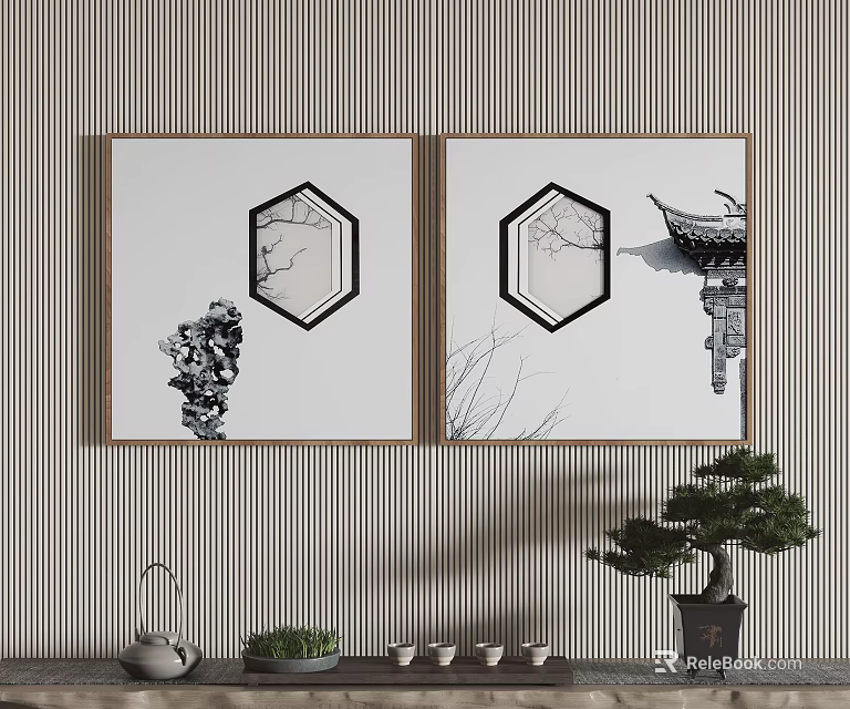 Chinese Style Wall Art Decor With Hexagonal Frames Bonsai And Tea Set 3d model