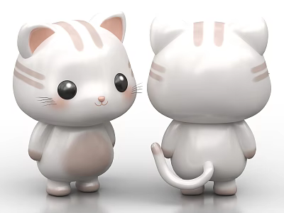 Cute White Cat Doll With Pink Stripes Big Eyes And Front Back Views 3d model