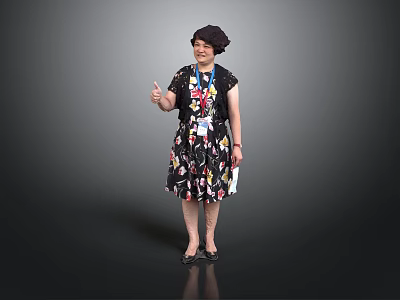 Woman Wearing Black Dress With Colorful Patterns Black Hat Lanyard Thumbs Up And Holding Paper 3d model