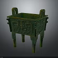 Ancient Bronze Vessel With Square Shape Decorative Handles Intricate Ornaments And Green Patina