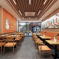 Warm Orange Wall Restaurant Interior With Wooden Tables Chairs Mural Art And Ceiling Lights