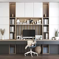Modern Home Office Desk With Bookshelves Computer Monitor Decorative Items And Green Plants