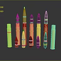 Display Shelves with Bullets of Various Sizes and Colors Yellow Green Gray Black