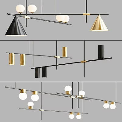Modern Pendant Chandeliers Black Gold Conical Cylindrical Designs With Spherical Bulbs For Interior Decor 3d model