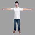 Man in White T-Shirt and Blue Jeans Standing with Arms Outstretched on Gray Background