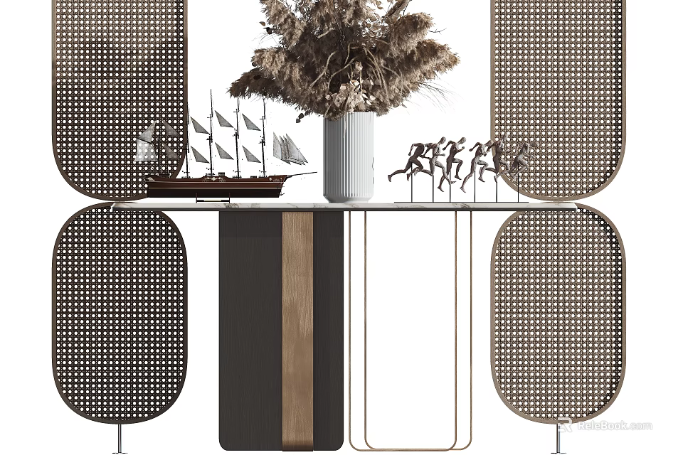 Modern Console Table With Dried Pampas Grass Ship Model And Perforated Screens 3d model 