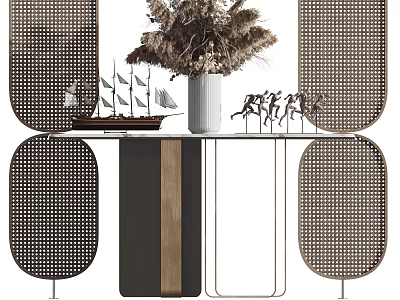 Modern Console Table With Dried Pampas Grass Ship Model And Perforated Screens 3d model