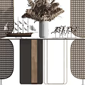 Modern Console Table With Dried Pampas Grass Ship Model And Perforated Screens