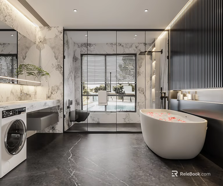 Modern Bathroom Interior With Marble Walls Freestanding Bathtub Washing Machine And Shower Area 3d model 