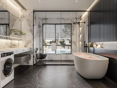 Modern Bathroom Interior With Marble Walls Freestanding Bathtub Washing Machine And Shower Area 3d model