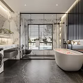 Modern Bathroom Interior With Marble Walls Freestanding Bathtub Washing Machine And Shower Area