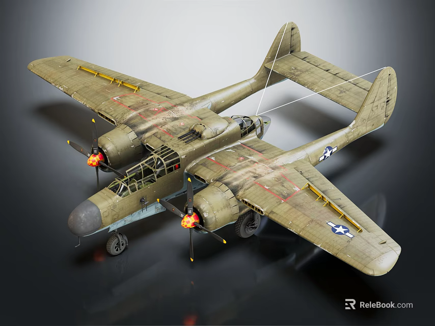 Vintage Twin Propeller Fighter Aircraft With Military Green Finish And Star Insignia On Wings 3d model 