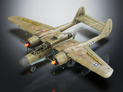 Vintage Twin Propeller Fighter Aircraft With Military Green Finish And Star Insignia On Wings 3d model