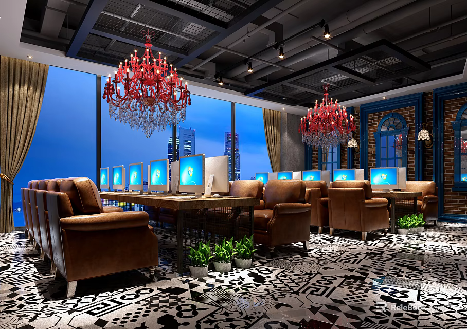 Modern Internet Cafe With Computers Leather Sofas Red Chandeliers And City View Through Large Windows 3d model 