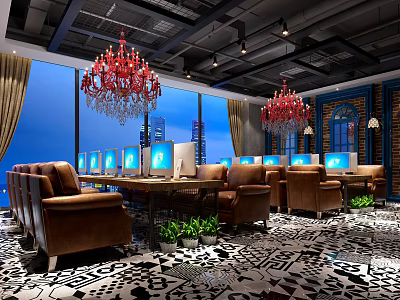 Modern Internet Cafe With Computers Leather Sofas Red Chandeliers And City View Through Large Windows 3d model
