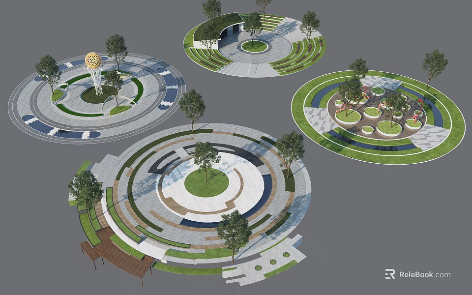 Circular Park Landscape Design With Central Green Areas Trees And Decorative Walkways 3d model 