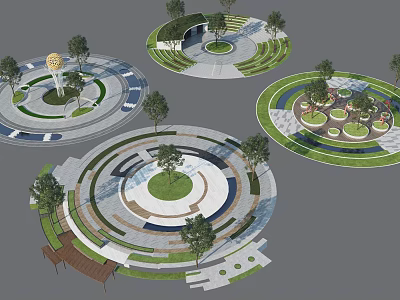 Circular Park Landscape Design With Central Green Areas Trees And Decorative Walkways 3d model