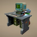 Vintage Computer Setup With Green Screen Keyboard On Metal Table And Storage Cabinets 3d model