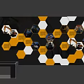 Hexagon Pattern Background Wall With Excavator Images And Corporate Display Design 3d model