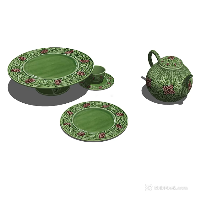 Green Dinnerware Set With Red Floral Pattern Platter Cup Saucer And Teapot 3d model 