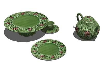 Green Dinnerware Set With Red Floral Pattern Platter Cup Saucer And Teapot 3d model