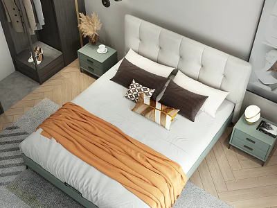 Modern Double Bed in Bedroom with Upholstered Headboard Pillows Orange Throw and Green Nightstands 3d model