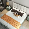 Modern Double Bed in Bedroom with Upholstered Headboard Pillows Orange Throw and Green Nightstands