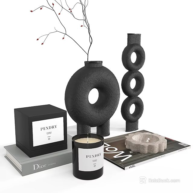Modern Minimalist Decorative Ornament Set With Black Vase Circular Ornaments Dior Box Candle And Magazine 3d model 