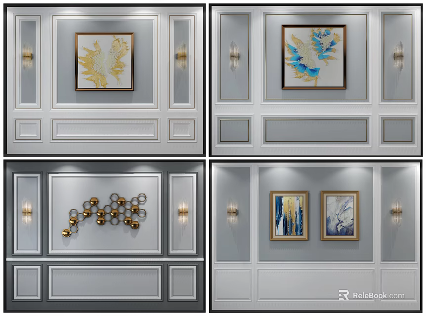 Stylish Sofa Background Wall Design With Decorative Artworks And Wall Sconces 3d model