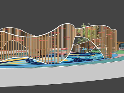 Children's Play Area With Wooden Wavy Structure Colorful Ground Climbing Elements And Trees 3d model