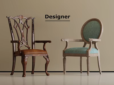 Designer Dining Chairs Featuring Carved Wooden Frame And Light Green Fabric Upholstered Seats With Armrests 3d model