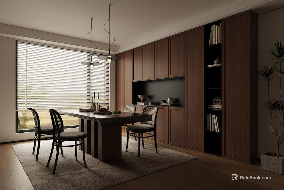 Modern Restaurant Interior With Open Kitchen Dining Table Chairs Cabinets And Natural Light 3d model