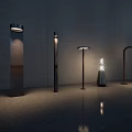 Floor Lamps With Six Different Designs And Various Shapes Lit In Dark Background