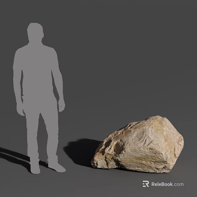 Human Silhouette Standing Next to Large Textured Rock on Gray Background 3d model 