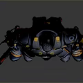 Futuristic Game Movie Character In Blue Orange Metallic Armor Holding Weapon Standing Pose