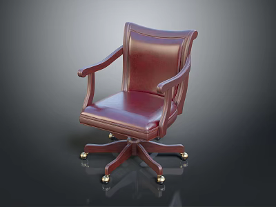 Burgundy Leather Office Chair with Arms and Five Pointed Gold Caster Base 3d model