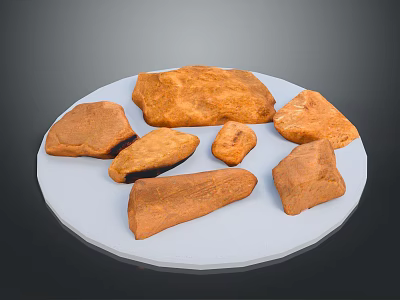 Brown Wooden Stone Pieces of Various Shapes Displayed on White Plate 3d model