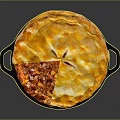 Chef Baking Delicious Meat Filled Pie With Golden Crust In Cast Iron Pot