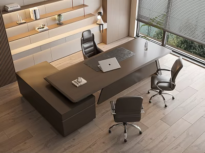 Contemporary Office Desk With Ergonomic Chairs Laptop Wooden Shelves And Window Blinds 3d model