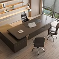 Contemporary Office Desk With Ergonomic Chairs Laptop Wooden Shelves And Window Blinds