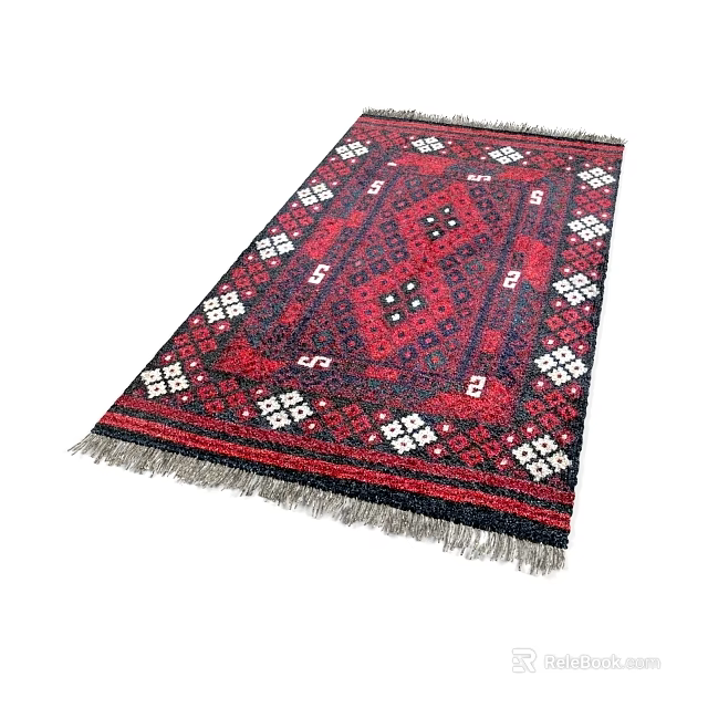 Square Carpet With Red And Blue Geometric Patterns And Fringed Edges 3d model