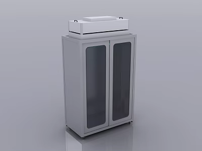 Laboratory Stainless Steel Cabinet With Glass Doors And White Equipment On Top 3d model