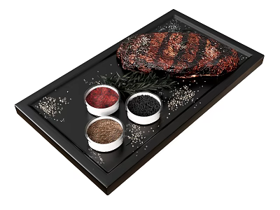 Grilled Steak on Black Platter with Three Spice Bowls Rosemary and Sesame Seeds 3d model