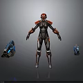 Armored Character In Red Black Silver Armor Standing With Blue Drone Companions