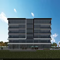 Modern Multi Storey Office Building With Glass Facade Balconies Green Lawn Trees People And Cars